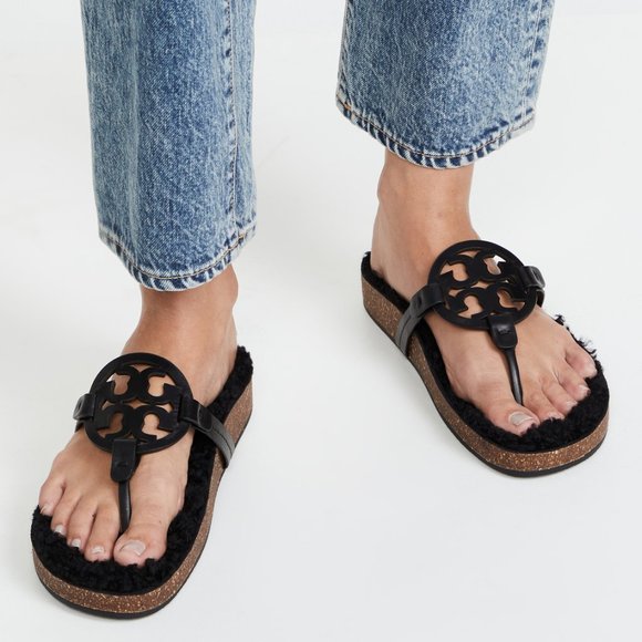 NIB Tory Burch Miller Cloud Shearling Leather Sandal Black US 8.5. Brand new - Picture 2 of 16